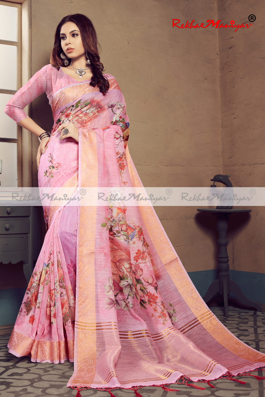 Heavy Linen Digital Printed Saree With Blouse - Georgette Fabric, Multi-season Suitable | Bollywood Style, Printed Design For Versatile Elegance