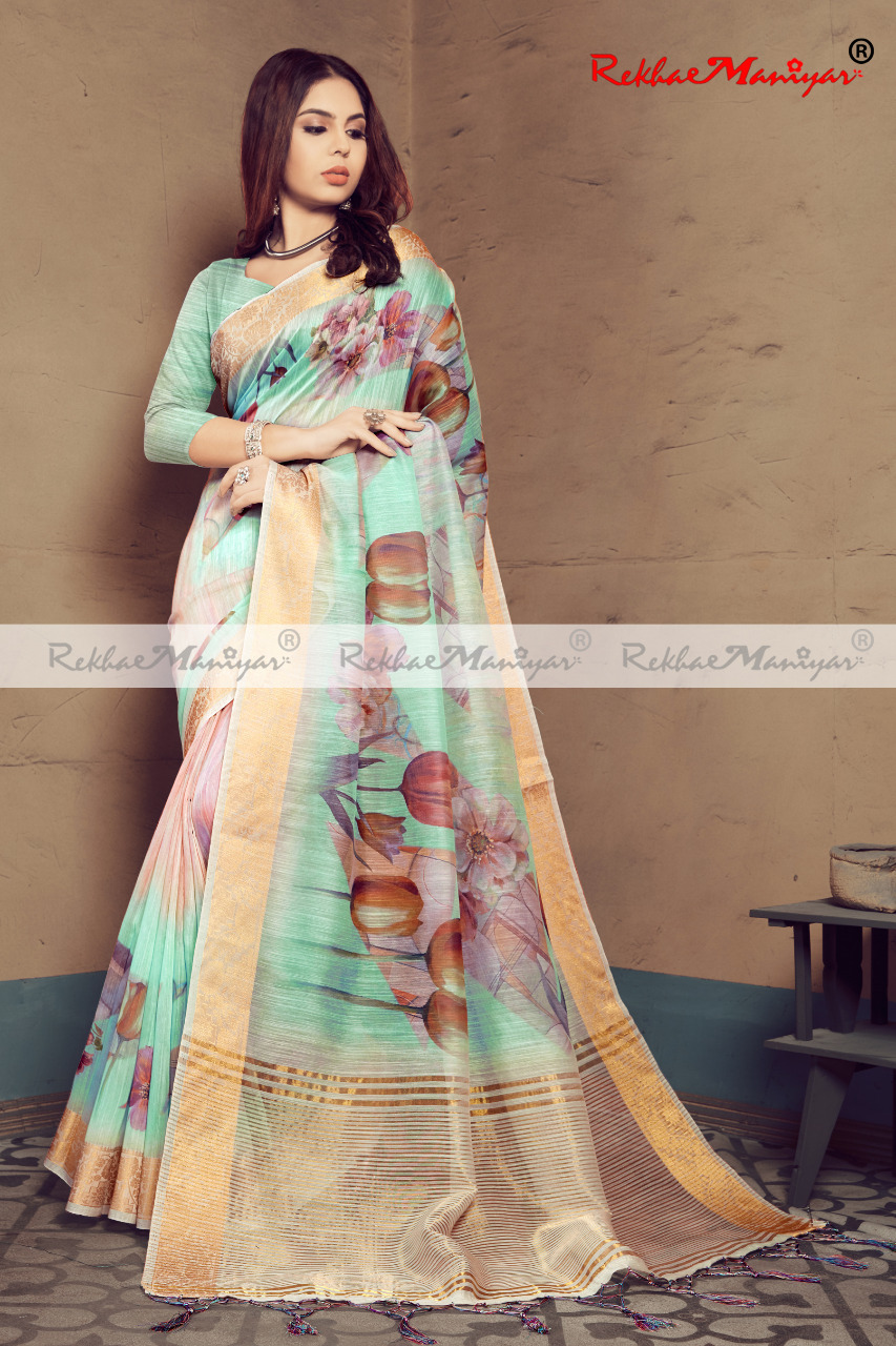 Heavy Linen Digital Printed Saree With Blouse - Georgette Fabric, Multi-season Suitable | Bollywood Style, Printed Design For Versatile Elegance