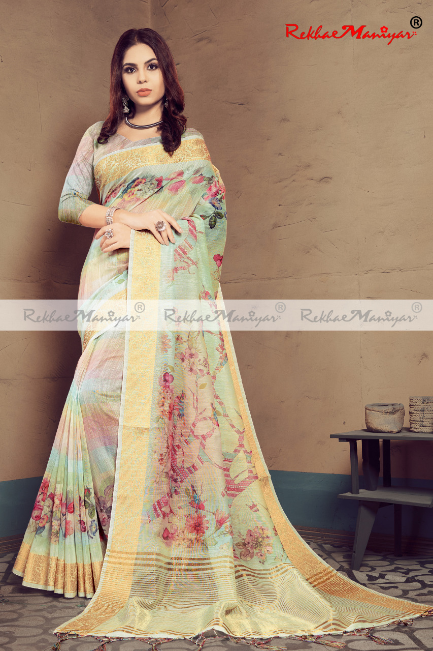 Heavy Linen Digital Printed Saree With Blouse - Georgette Fabric, Multi-season Suitable | Bollywood Style, Printed Design For Versatile Elegance