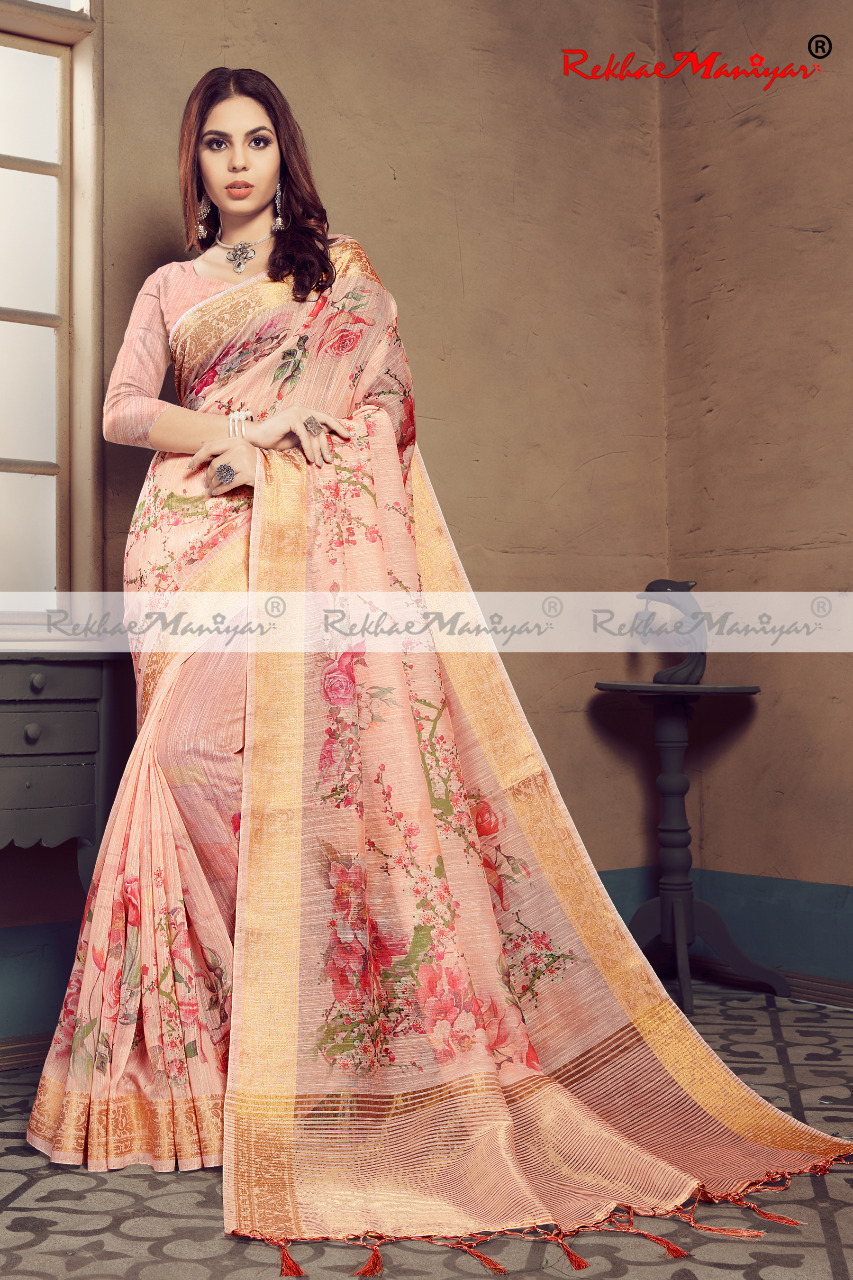 Heavy Linen Digital Printed Saree With Blouse - Georgette Fabric, Multi-season Suitable | Bollywood Style, Printed Design For Versatile Elegance