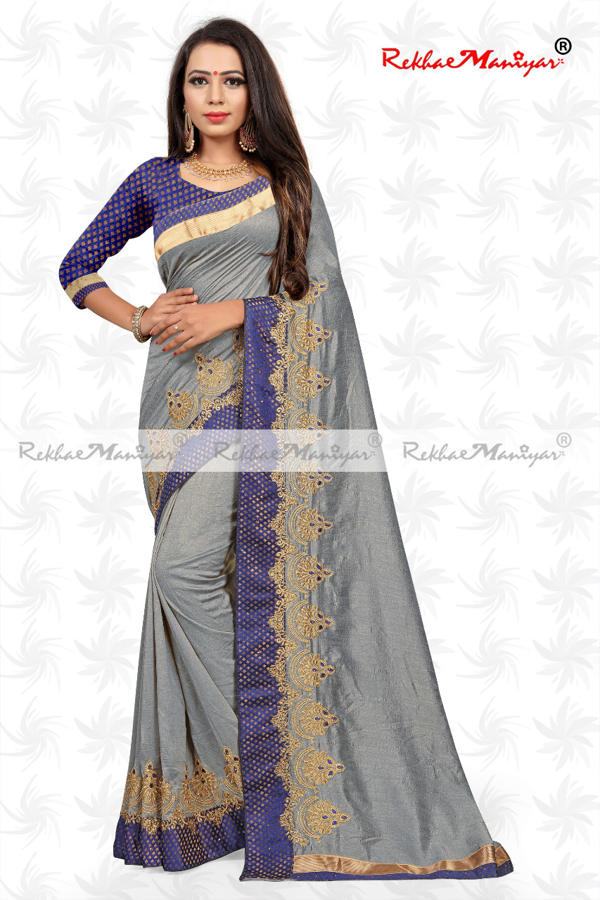 Two Tone Vichitra Silk Embroidery Work Heavy Bordered Saree With Blouse - Georgette Fabric, Perfect For All Seasons | Elegant Indian Style