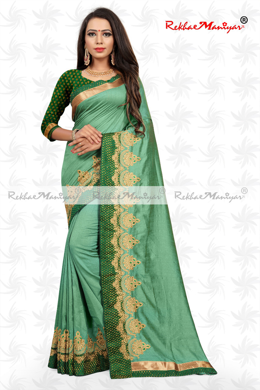 Two Tone Vichitra Silk Embroidery Work Heavy Bordered Saree With Blouse - Georgette Fabric, Perfect For All Seasons | Elegant Indian Style