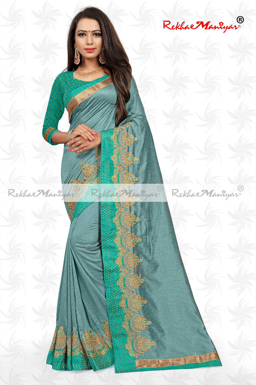 Two Tone Vichitra Silk Embroidery Work Heavy Bordered Saree With Blouse - Georgette Fabric, Perfect For All Seasons | Elegant Indian Style