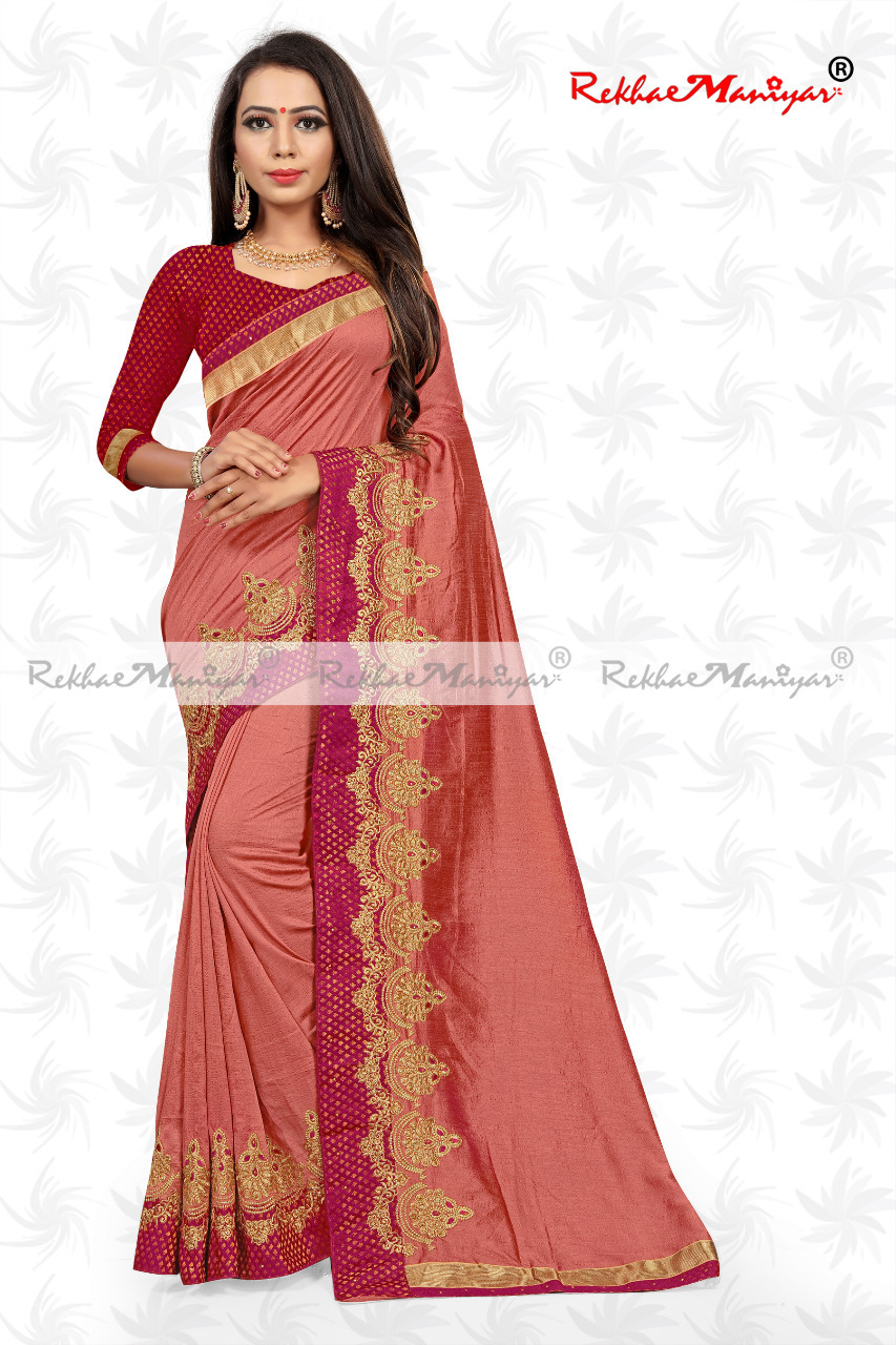 Two Tone Vichitra Silk Embroidery Work Heavy Bordered Saree With Blouse - Georgette Fabric, Perfect For All Seasons | Elegant Indian Style
