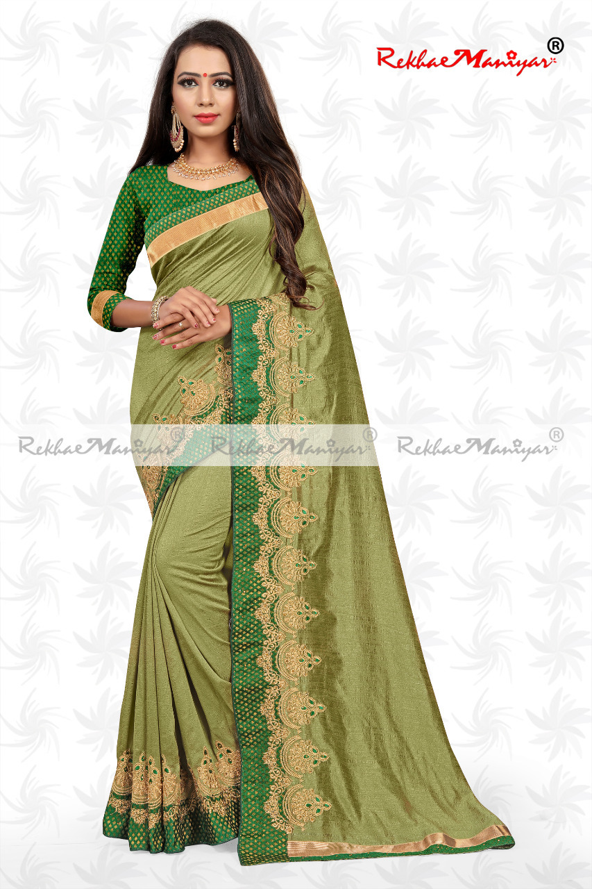 Two Tone Vichitra Silk Embroidery Work Heavy Bordered Saree With Blouse - Georgette Fabric, Perfect For All Seasons | Elegant Indian Style