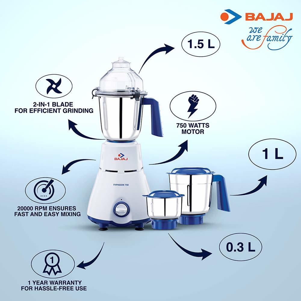 Bajaj Typhoon 750-watt Mixer Grinder With 3 Jars (White/turquoise)