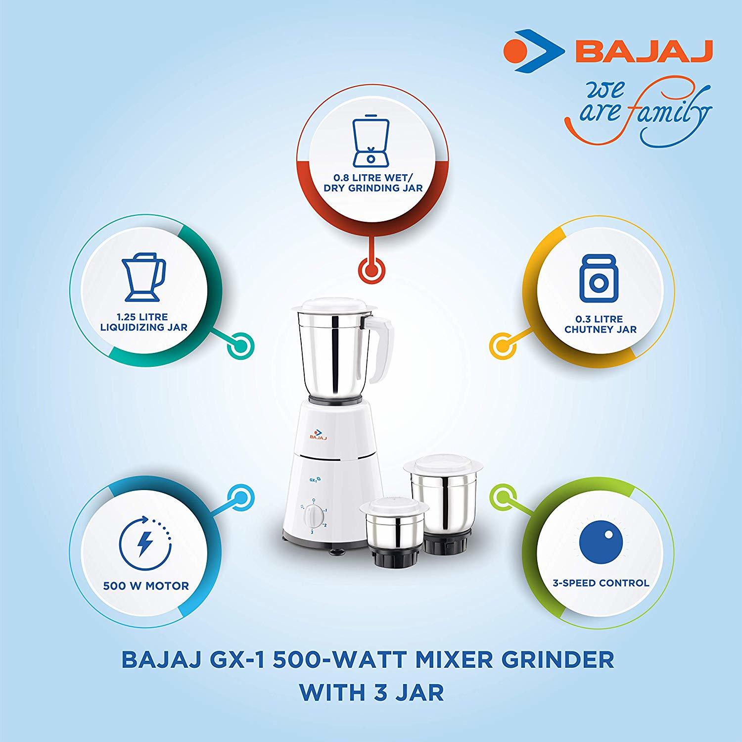 Bajaj Gx-1 500-watt Mixer Grinder - 1.25l Liquidizing Jar, 0.8l Wet/dry Grinding Jar, 0.3l Chutney Jar | 3 Speed Control, Easy Grip Handle, Stainless Steel