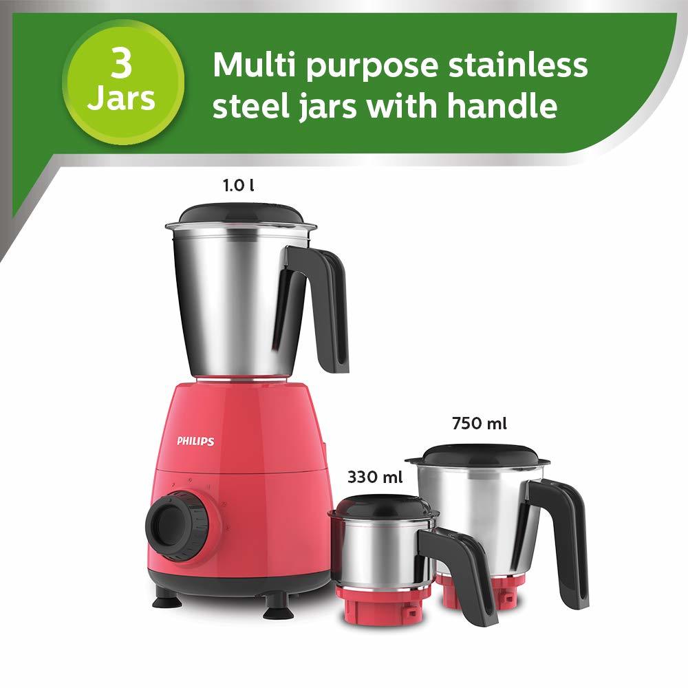 Philips Hl7505/02 500-watt Mixer Grinder With 3 Jars (Red)- Dry Jar Chutney And Wet Jar