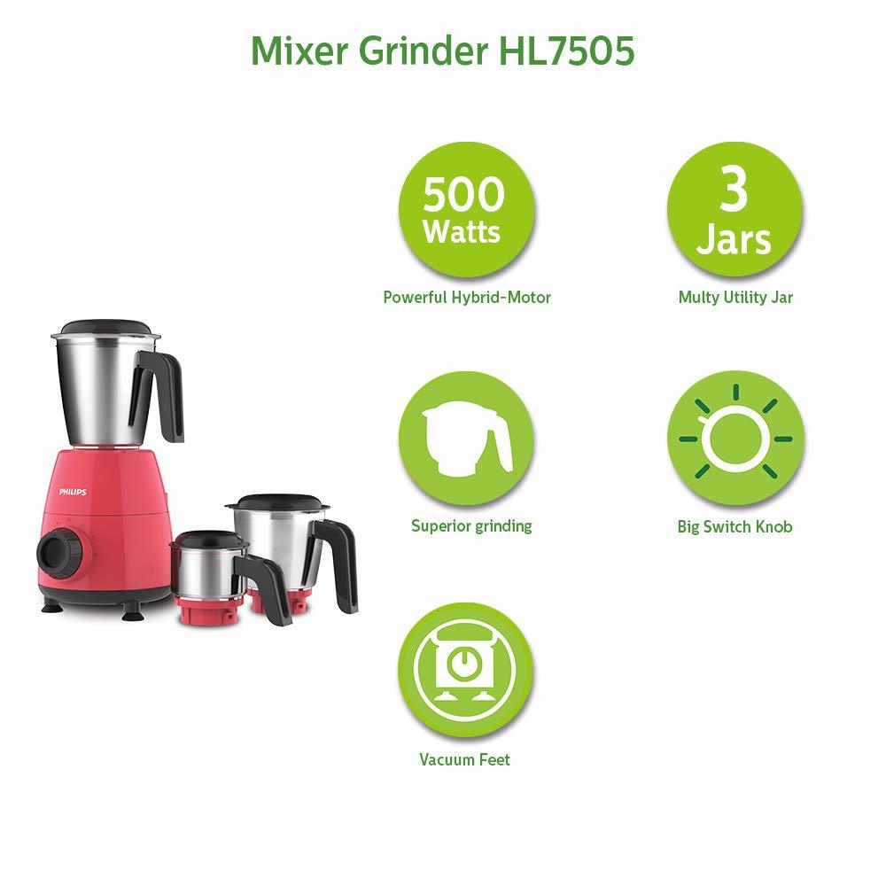 Philips Hl7505/02 500-watt Mixer Grinder With 3 Jars (Red)- Dry Jar Chutney And Wet Jar