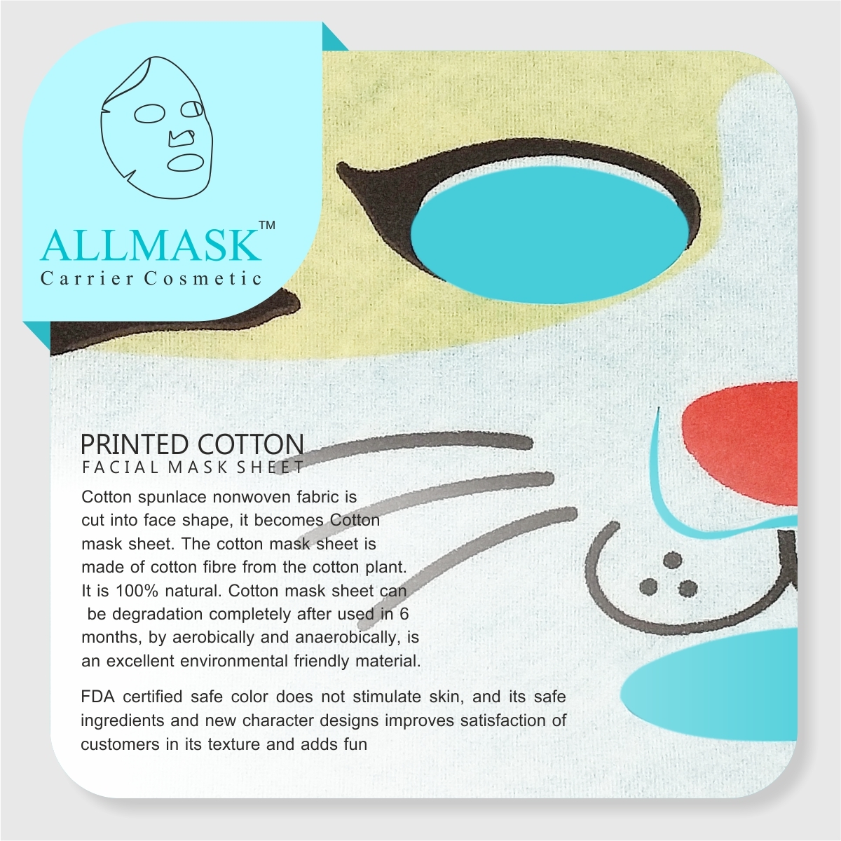 Cotton Cat Printed Facial Mask Sheet - Cotton Fiber Nonwoven Fabric, Multicolor, Soft & Absorbent, Eco-friendly Design, For Adults