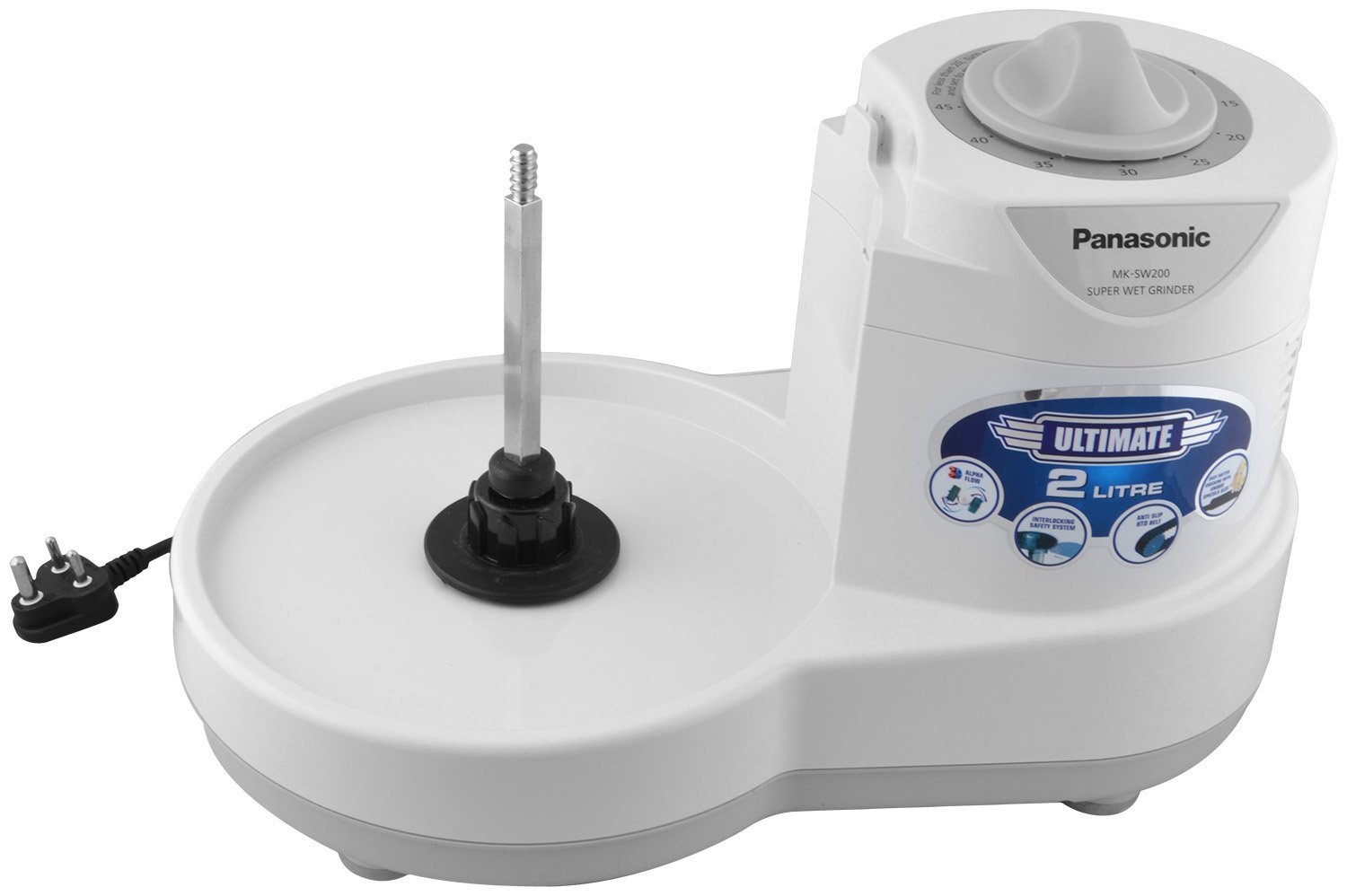 Panasonic 230-watt Plastic Wet Grinder With Automatic Timer, 2 Litres, White And Metallic