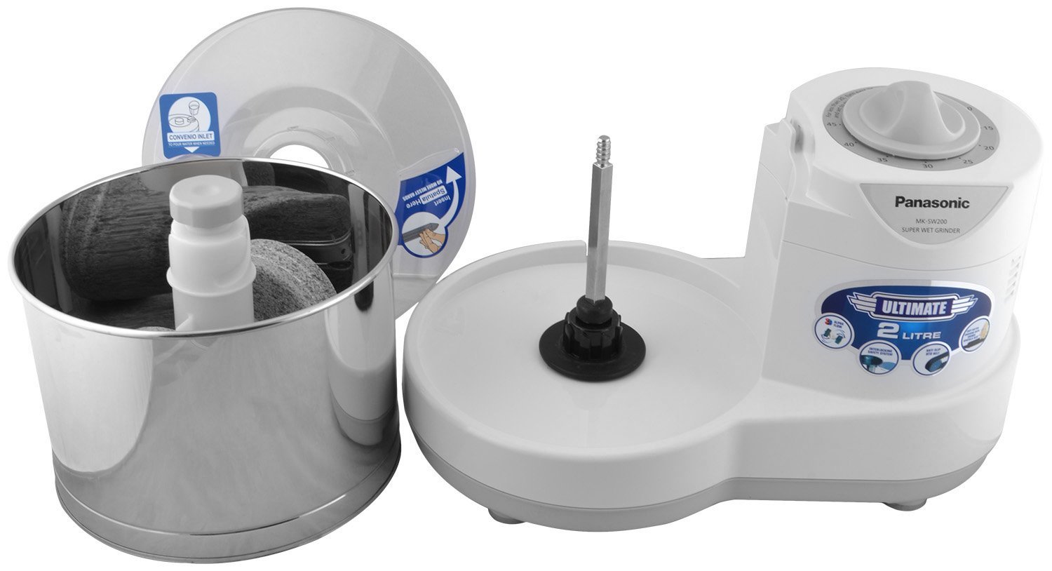 Panasonic 230-watt Plastic Wet Grinder With Automatic Timer, 2 Litres, White And Metallic