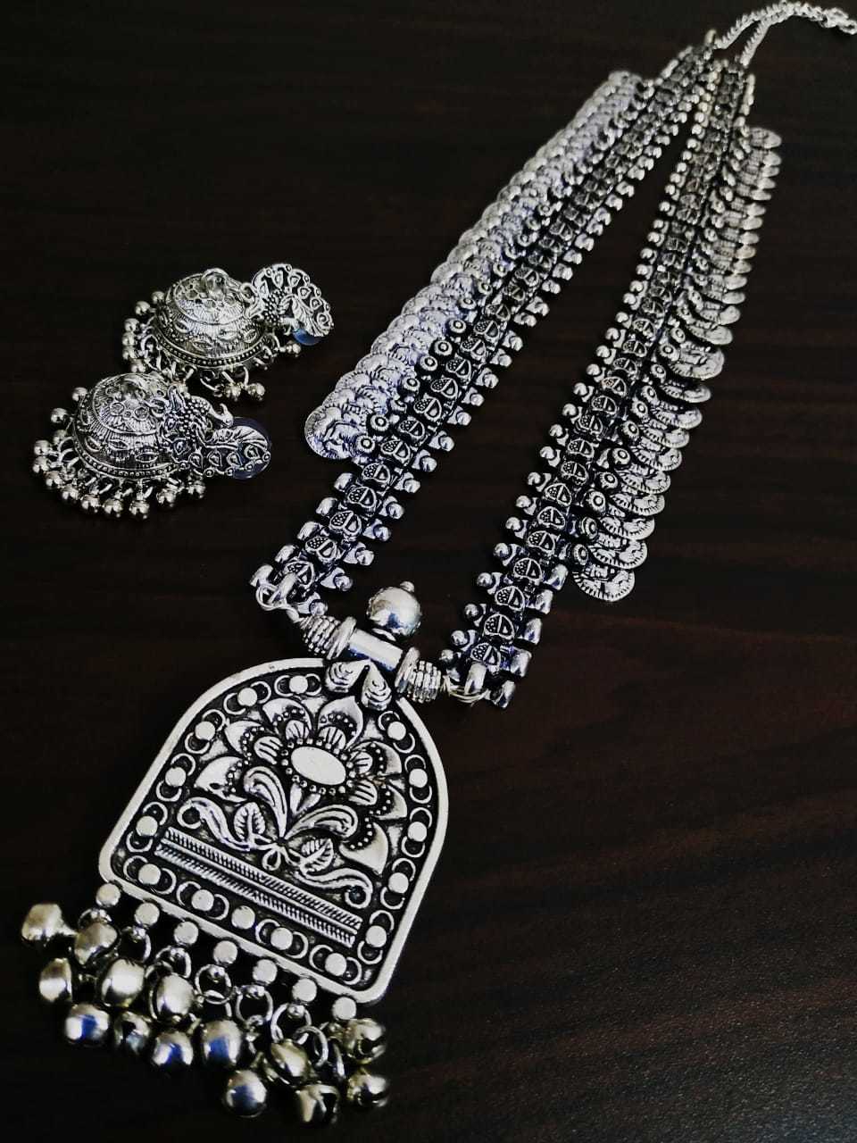 Long Oxidised Coin Temple Necklaces Set Size: 32 Cm Appx. & Adjustable