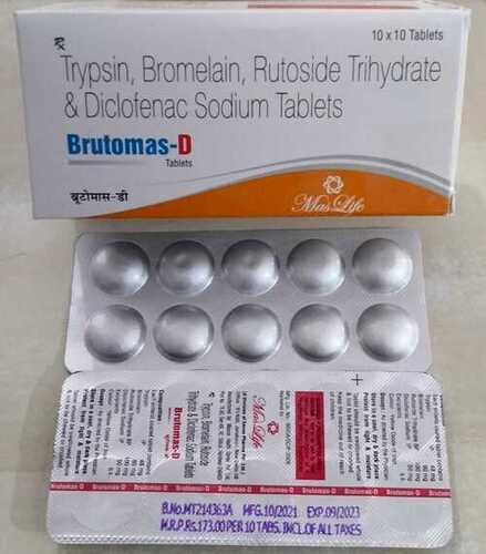 ब्रूटोमास डी सामग्री: ट्रिप्सिन 48 मिलीग्राम ब्रोमेलैन 90 मिलीग्राम+रुटोसाइड 100 मिलीग्राम+डिक्लोफेनाक 50 मिलीग्राम