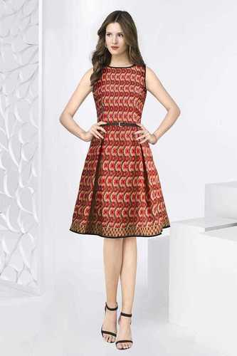 Western Dress - Crepe Fabric, Size M/XL, Length 36-37 Inches, Red Color, Stitched with Short Sleeves, Washable, Custom Printed Design, Logo Option Available