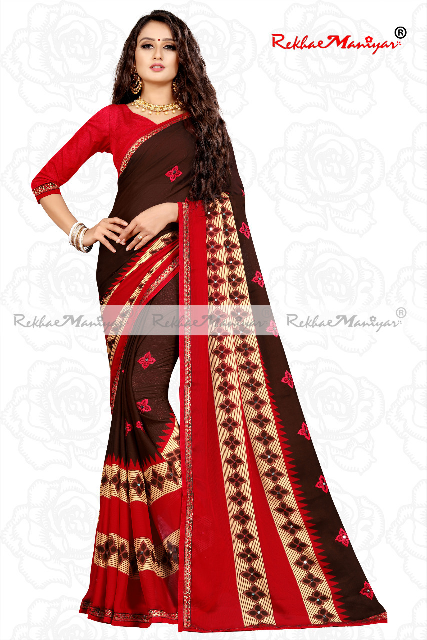 Moss Chiffon Embroidery Panel Mirror Work Saree - Georgette Fabric, Printed Pattern, Bollywood Style For All Seasons