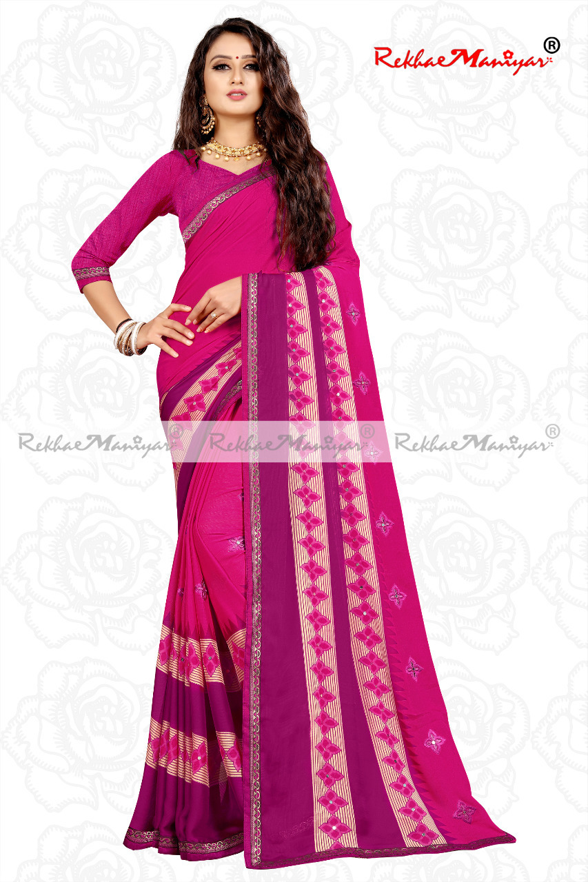 Moss Chiffon Embroidery Panel Mirror Work Saree - Georgette Fabric, Printed Pattern, Bollywood Style For All Seasons