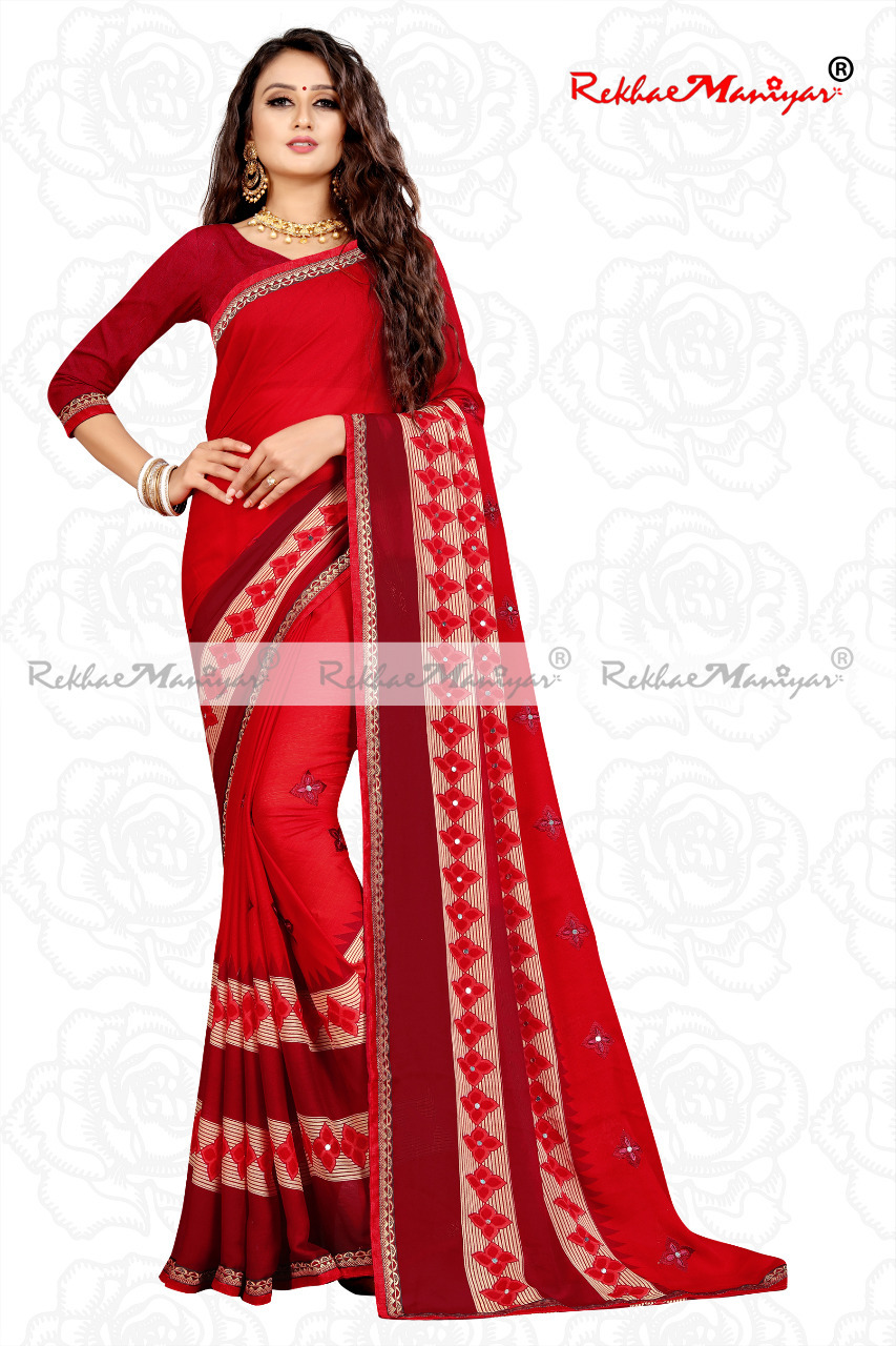 Moss Chiffon Embroidery Panel Mirror Work Saree - Georgette Fabric, Printed Pattern, Bollywood Style For All Seasons