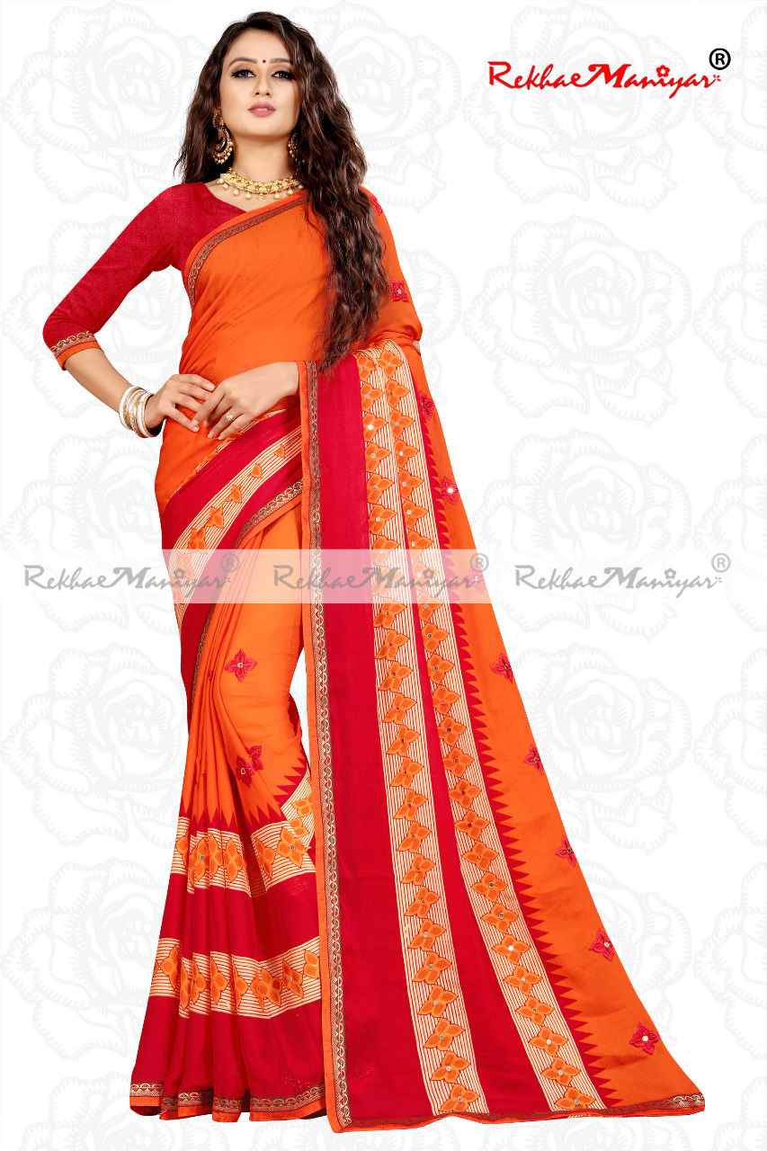 Moss Chiffon Embroidery Panel Mirror Work Saree - Georgette Fabric, Printed Pattern, Bollywood Style For All Seasons