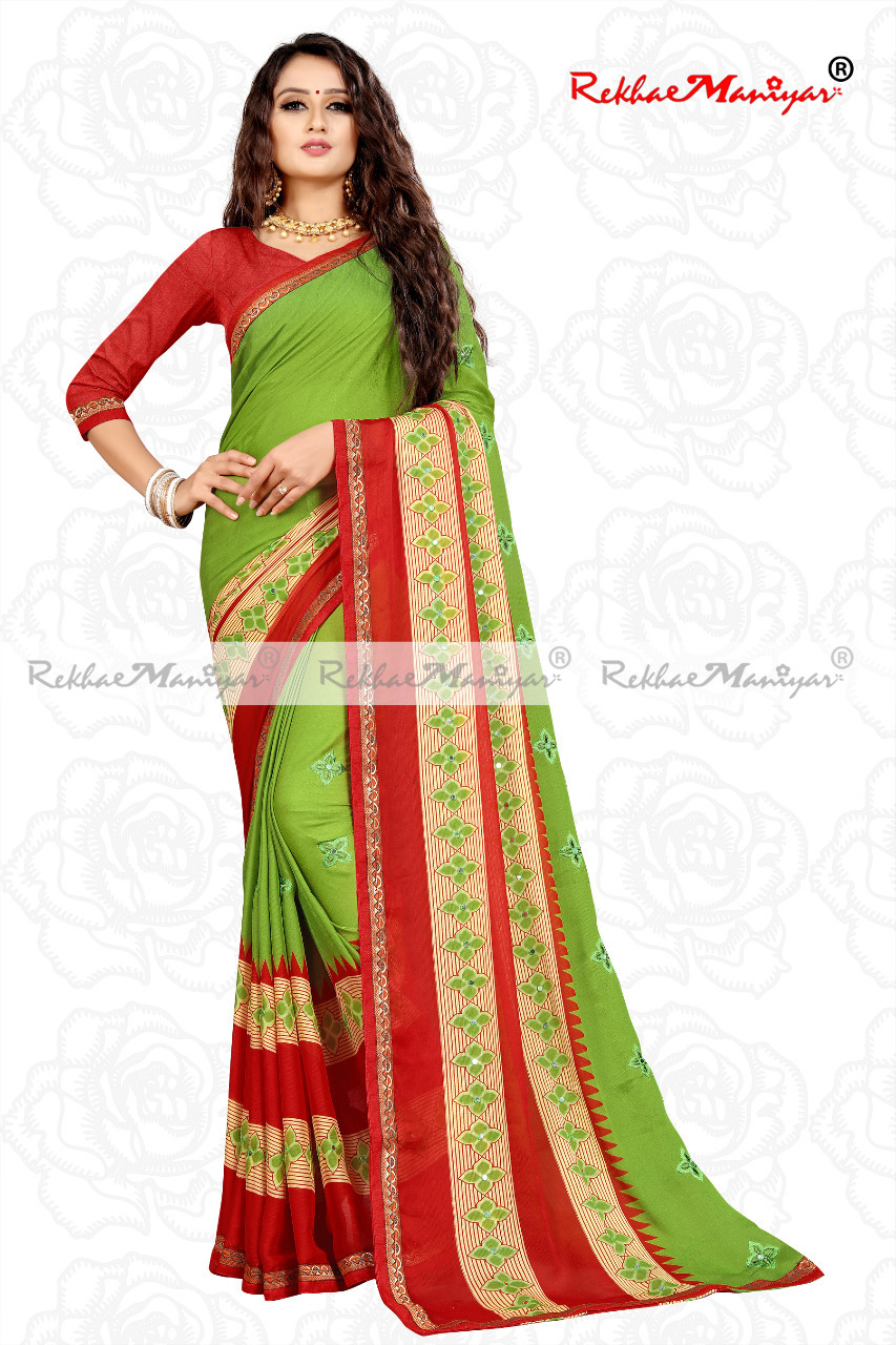 Moss Chiffon Embroidery Panel Mirror Work Saree - Georgette Fabric, Printed Pattern, Bollywood Style For All Seasons