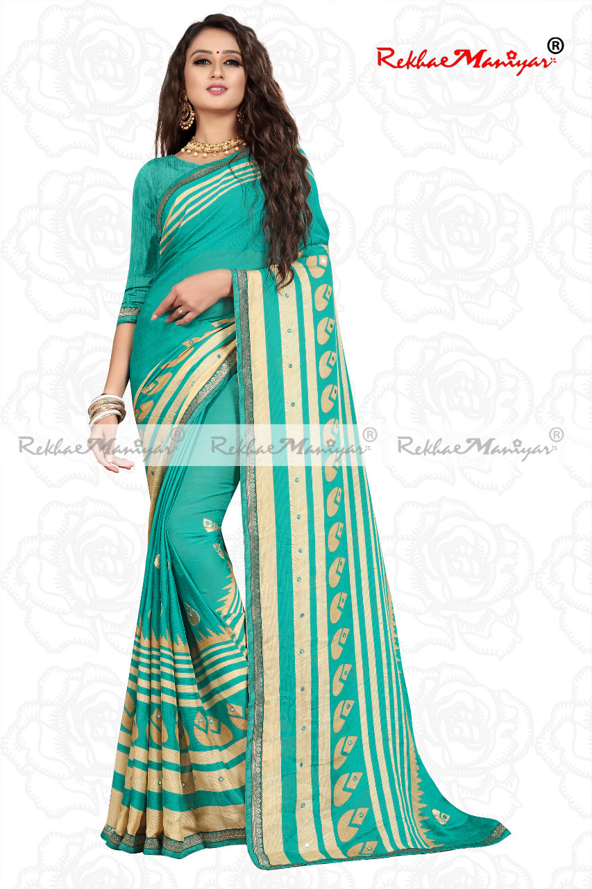 Moss Chiffon Embroidery Panel Saree - Georgette Fabric With Intricate Mirror Work Weaving Border, Blouse Included For All Seasons