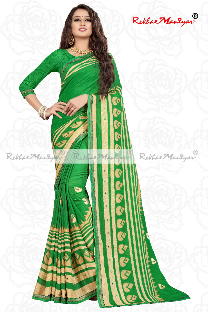 Moss Chiffon Embroidery Panel Saree - Georgette Fabric With Intricate Mirror Work Weaving Border, Blouse Included For All Seasons