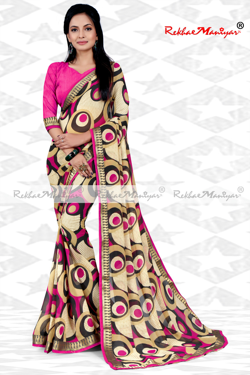 Faux Georgette Geometrical Print Zari Bordered Sarees - Weightless Fabric, Silver Line Color, Breathable For All Seasons | Ideal For Modern Professional Women