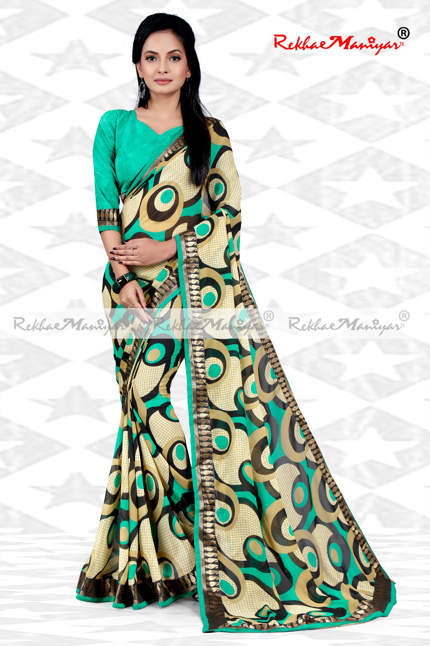 Faux Georgette Geometrical Print Zari Bordered Sarees - Weightless Fabric, Silver Line Color, Breathable For All Seasons | Ideal For Modern Professional Women