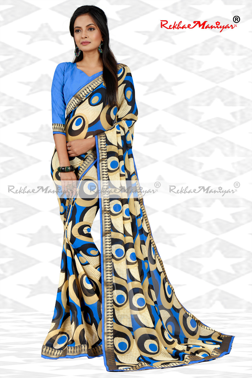 Faux Georgette Geometrical Print Zari Bordered Sarees - Weightless Fabric, Silver Line Color, Breathable For All Seasons | Ideal For Modern Professional Women