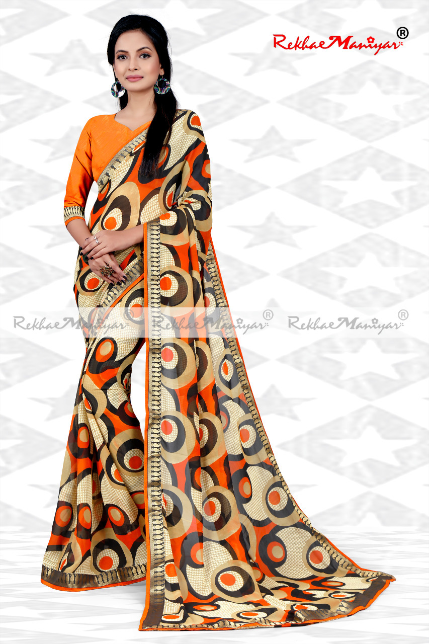 Faux Georgette Geometrical Print Zari Bordered Sarees - Weightless Fabric, Silver Line Color, Breathable For All Seasons | Ideal For Modern Professional Women