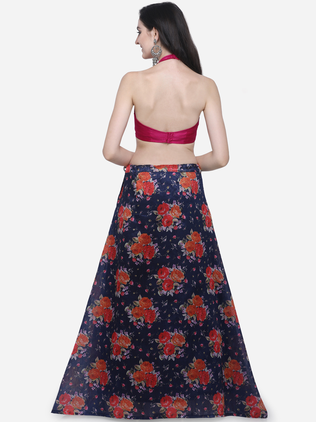 Printed Lehenga Choli - Silk, Customized Size, 44 Inch Length | Navy Blue And Burgundy Floral Print, Washable, Sleeveless Design, Flared Hem