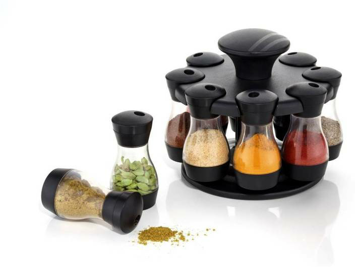 8 In 1 Spice Rack - Food Grade Abs Plastic, Transparent Containers With Flat Black Lids - Stain, Dirt, And Grease Proof For Effortless Kitchen Organization