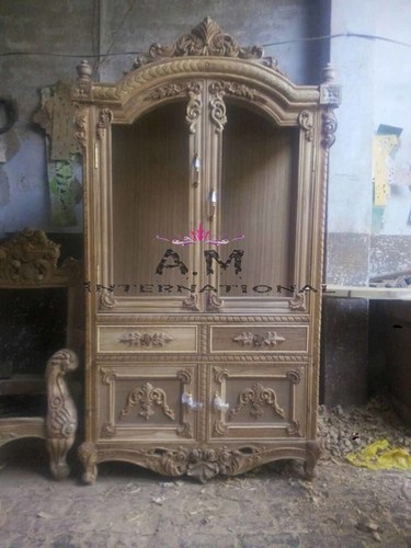 Premium Wooden Wardrobe - Handcrafted Teak Wood with Floral Carvings, Glass-Covered Panels and Eco-Friendly Finish | Stylish Indian Design for Living Room