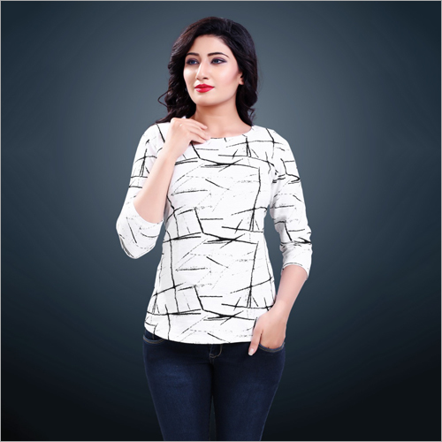 Ladies Fancy Top - Georgette, Sizes S To Xl | Soothing White And Black Printed Design, Perfect For Special Occasions And Parties
