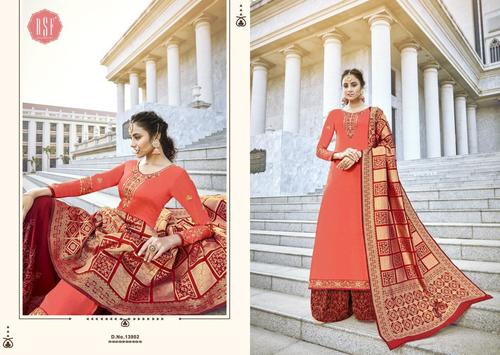 Rsf Brand Plazzo Salwar Suits - Pure Satin Gorgette Silk Long Suit, XXL Size, Orange Color | Heavy Handwork, Full Sleeves, Embroidered Pattern, Washable Material