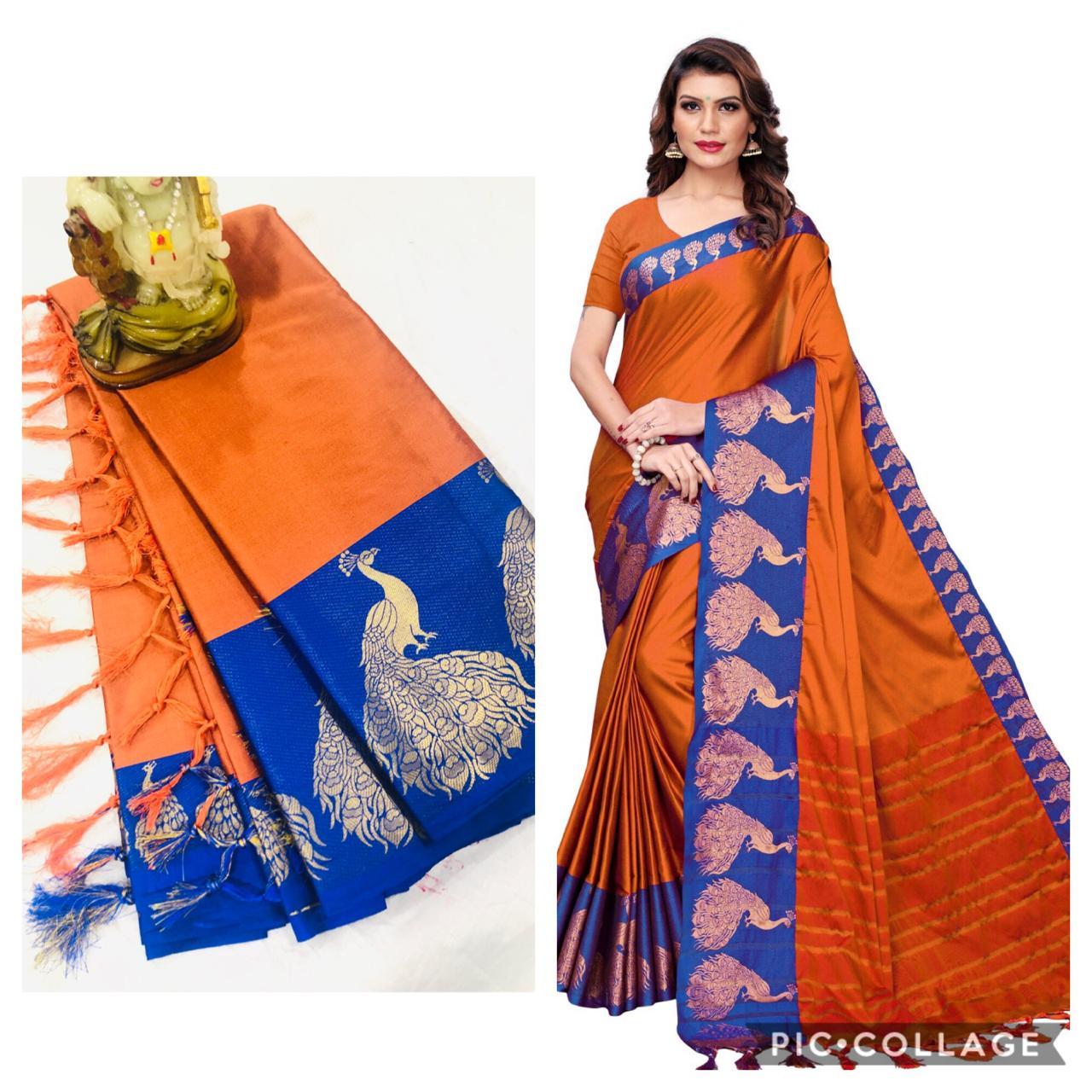 Plain Peacock Cotton Silk Saree - Cotton Silk Fabric, Multicolor Print, Seasonal Versatility For Rainy, Spring, Summer, Winter Wear