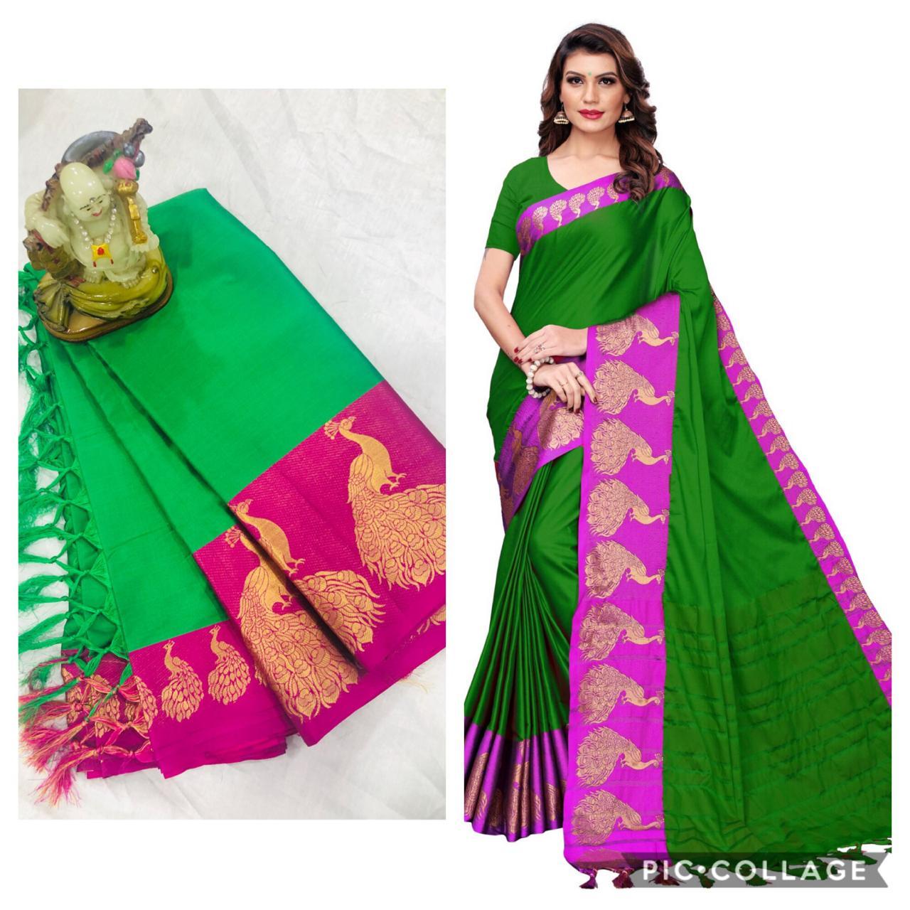 Plain Peacock Cotton Silk Saree - Cotton Silk Fabric, Multicolor Print, Seasonal Versatility For Rainy, Spring, Summer, Winter Wear