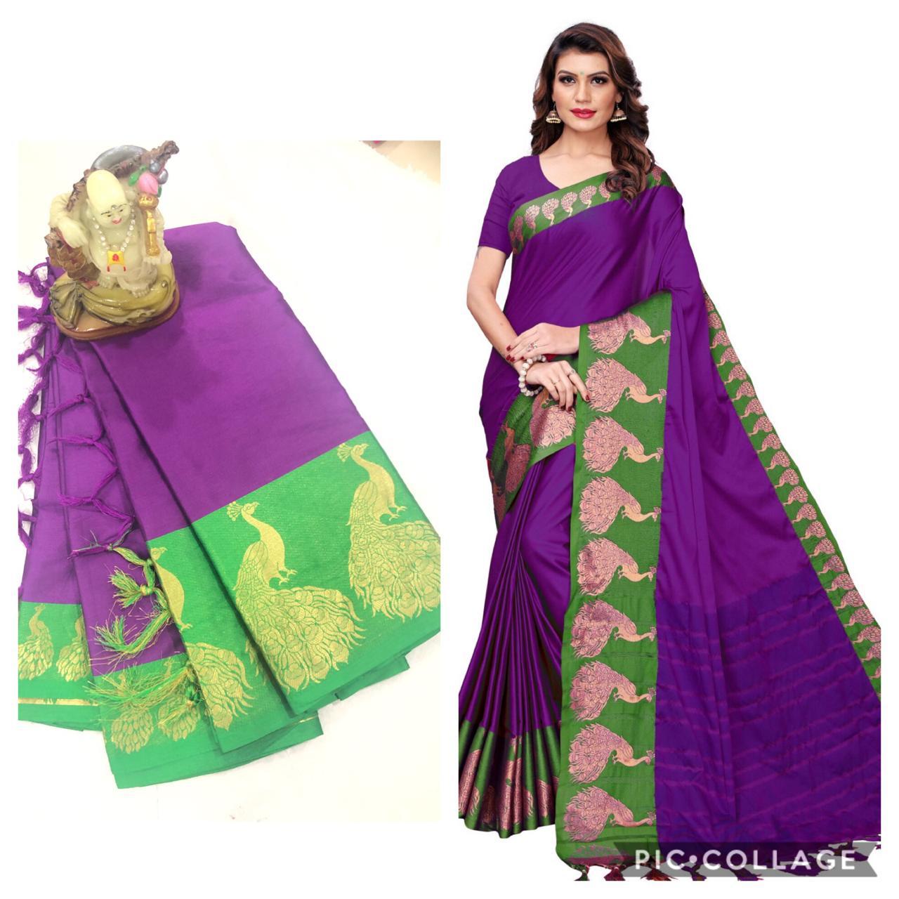 Plain Peacock Cotton Silk Saree - Cotton Silk Fabric, Multicolor Print, Seasonal Versatility For Rainy, Spring, Summer, Winter Wear