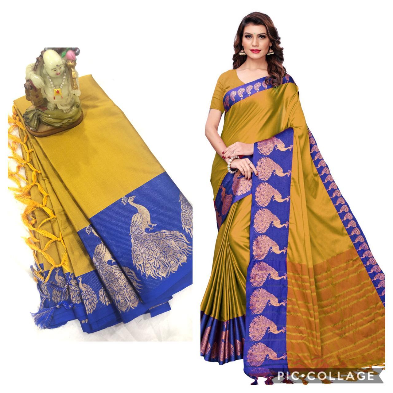 Plain Peacock Cotton Silk Saree - Cotton Silk Fabric, Multicolor Print, Seasonal Versatility For Rainy, Spring, Summer, Winter Wear