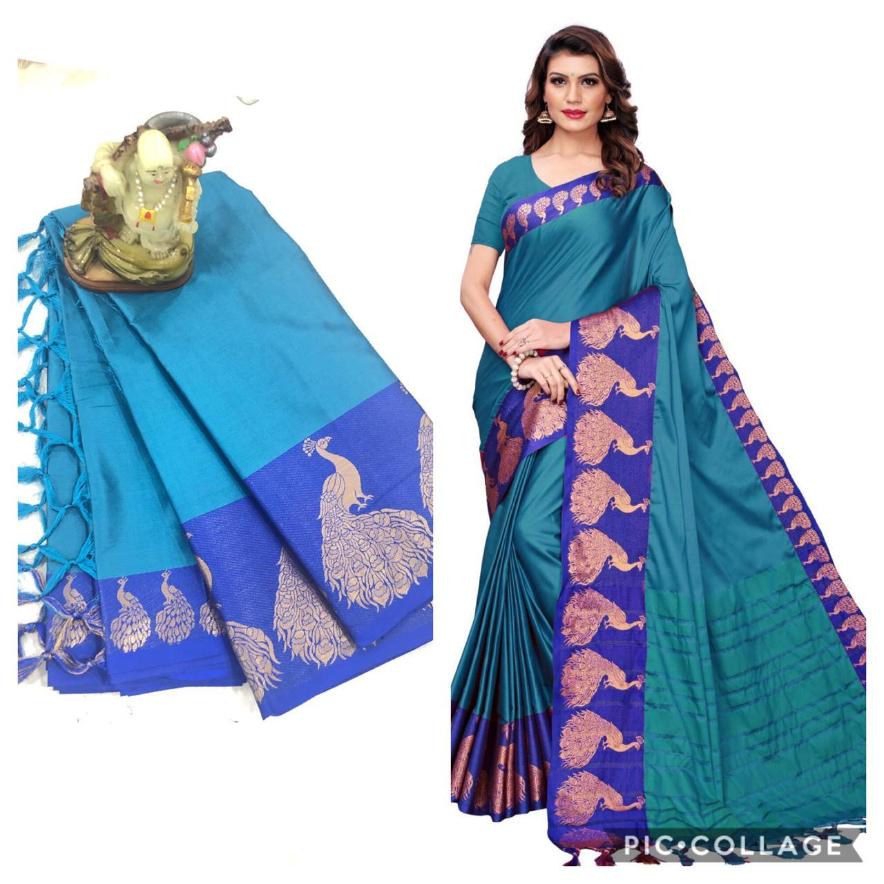 Plain Peacock Cotton Silk Saree - Cotton Silk Fabric, Multicolor Print, Seasonal Versatility For Rainy, Spring, Summer, Winter Wear