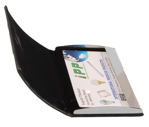 Leather Card Holder - Leatherite Material, 9.5cm X 6.5cm X 1.5cm, Black Color | Chrome Finish Metal Body, Standard Laser Engraving Included