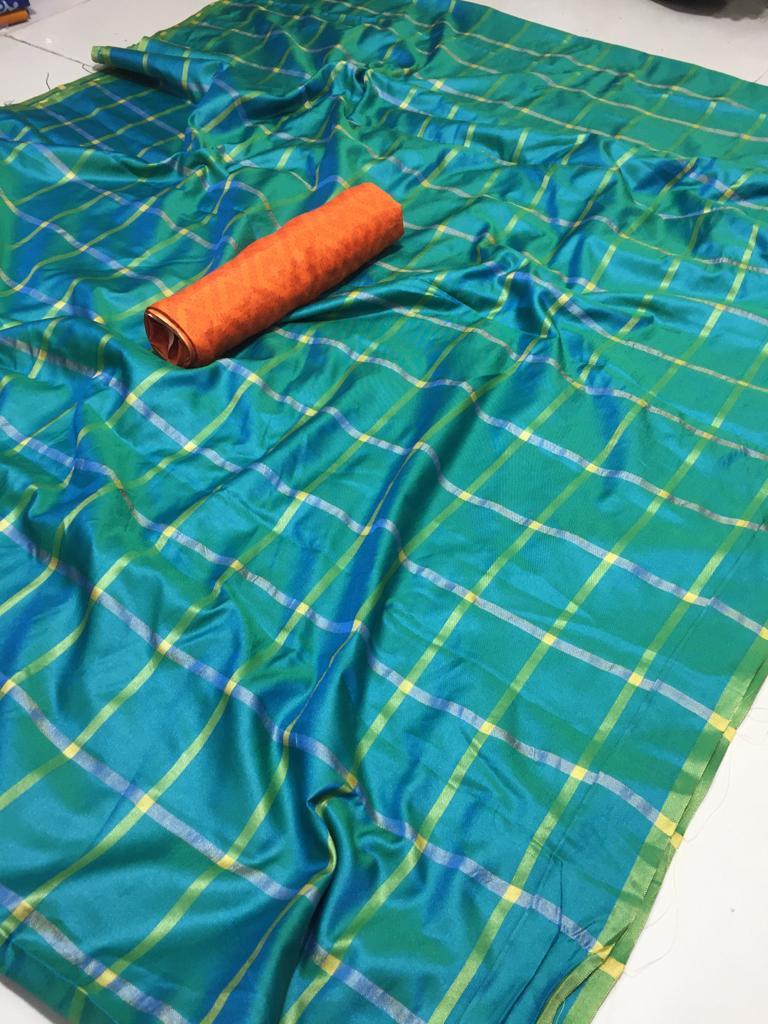 Fancy Cotton Silk Saree - 6.3 Mtr Length, 0.8 Mtr Blouse | Checked Pattern, Multi-color, Luxurious Cotton Silk Fabric