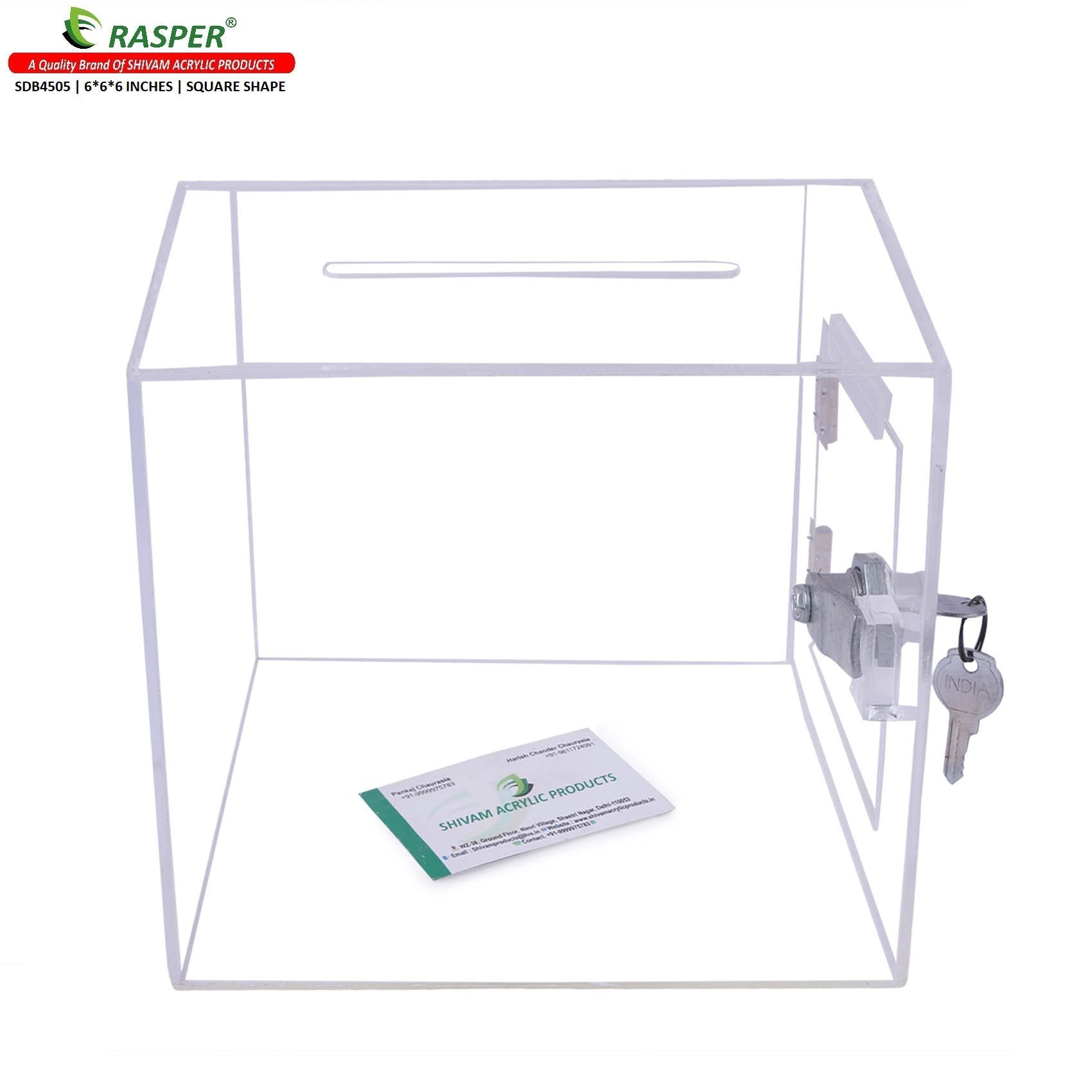 Rasper Transparent Acrylic Donation Box, Daan Patra, Drop Box, Ballot Box (Small Size 6x6x6 Inches, Square Shape) Premium Quality With Lock Facility Size: 6*6*6 Inches