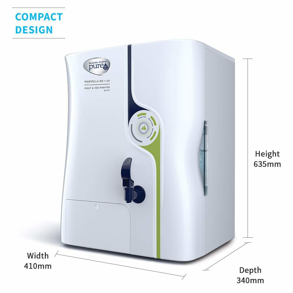 Hul Pureit Marvella Mineral Ro + Uv With Fruit & Veg Purifier 7 Stage Table Top/wall Mountable White & Blue 8 Litres Water Purifier