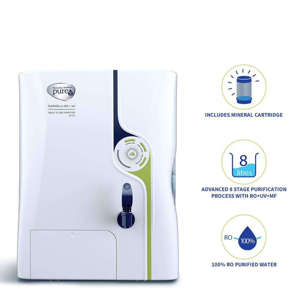 Hul Pureit Marvella Mineral Ro + Uv With Fruit & Veg Purifier 7 Stage Table Top/wall Mountable White & Blue 8 Litres Water Purifier