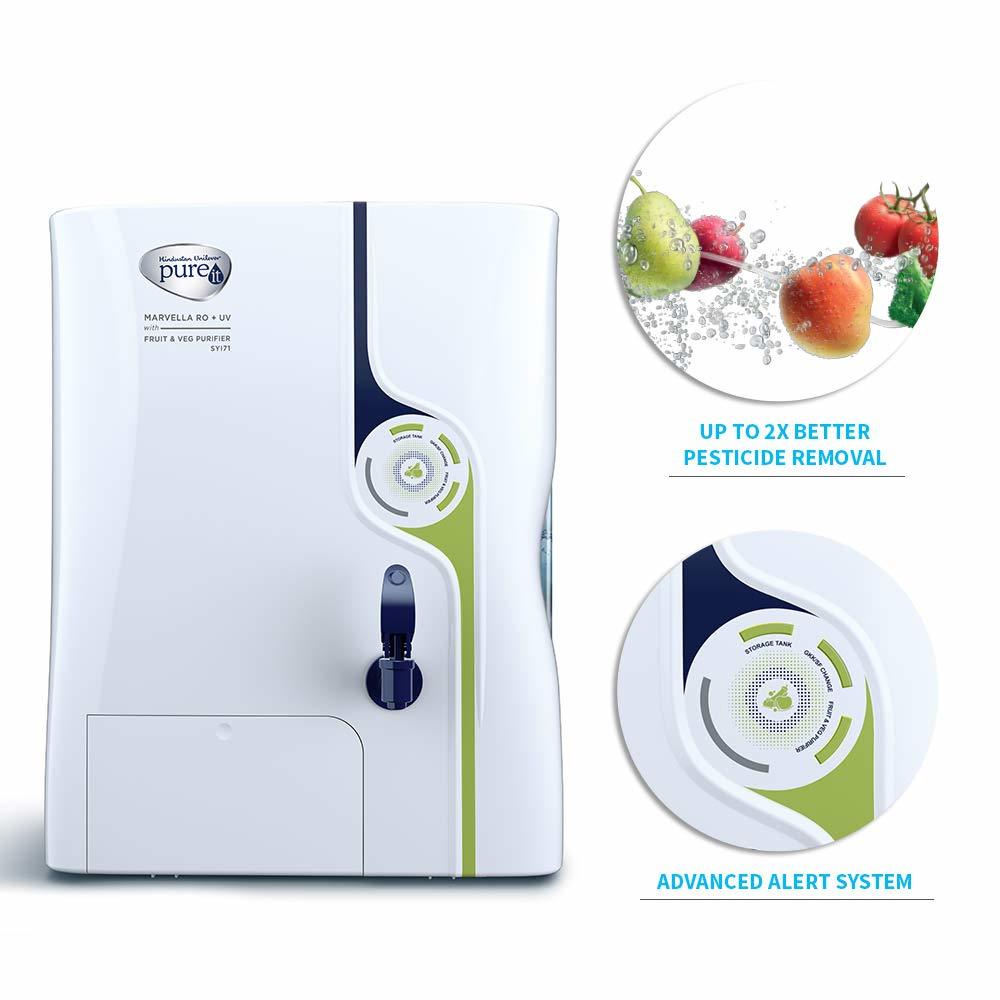 Hul Pureit Marvella Mineral Ro + Uv With Fruit & Veg Purifier 7 Stage Table Top/wall Mountable White & Blue 8 Litres Water Purifier