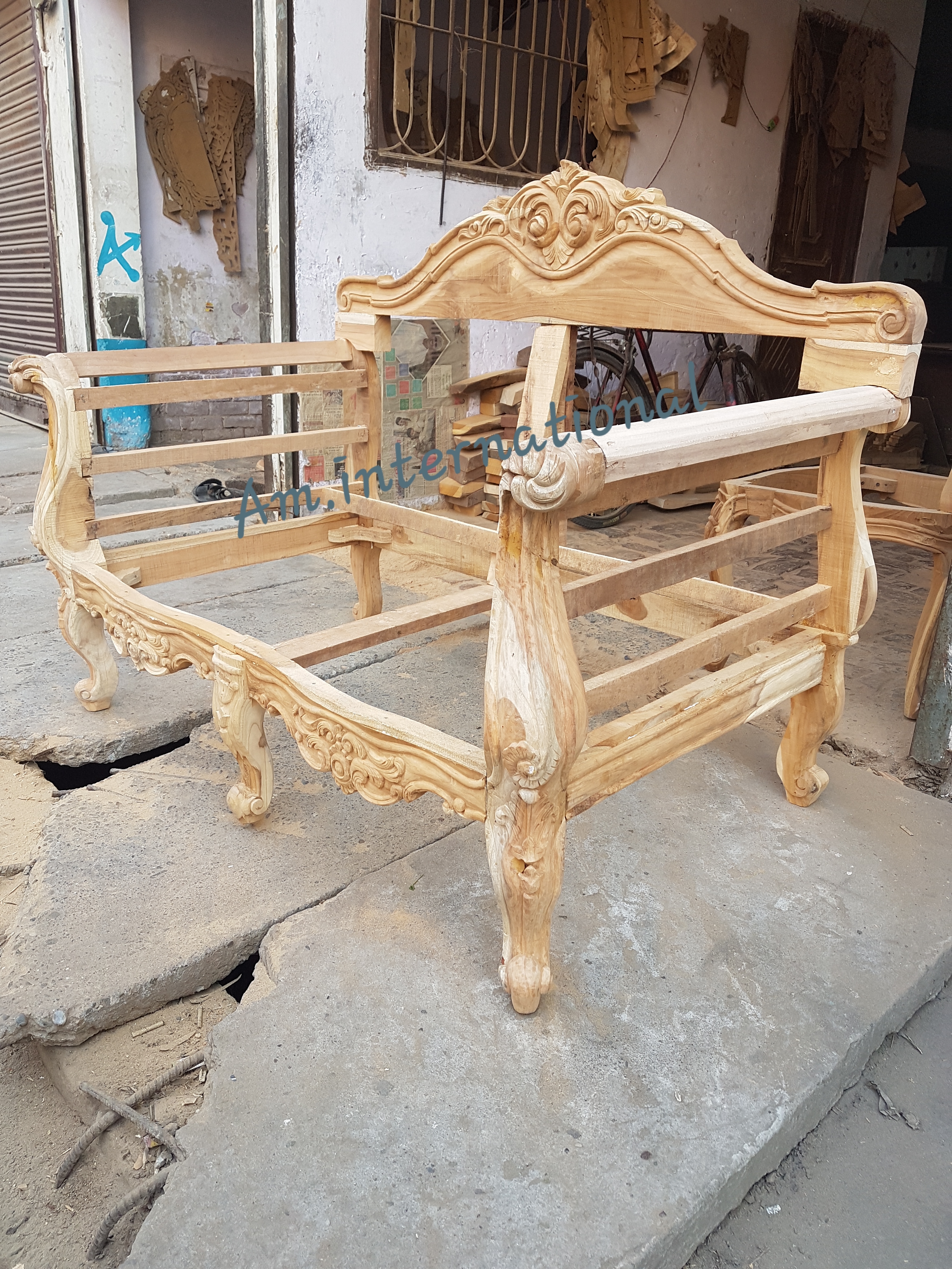 Wood Couch Sofa Set - Solid Teak, 7 Seater (3 + 2 + 2) | Handmade Floral Carvings, Eco-friendly Design, Indoor Living Room Furniture