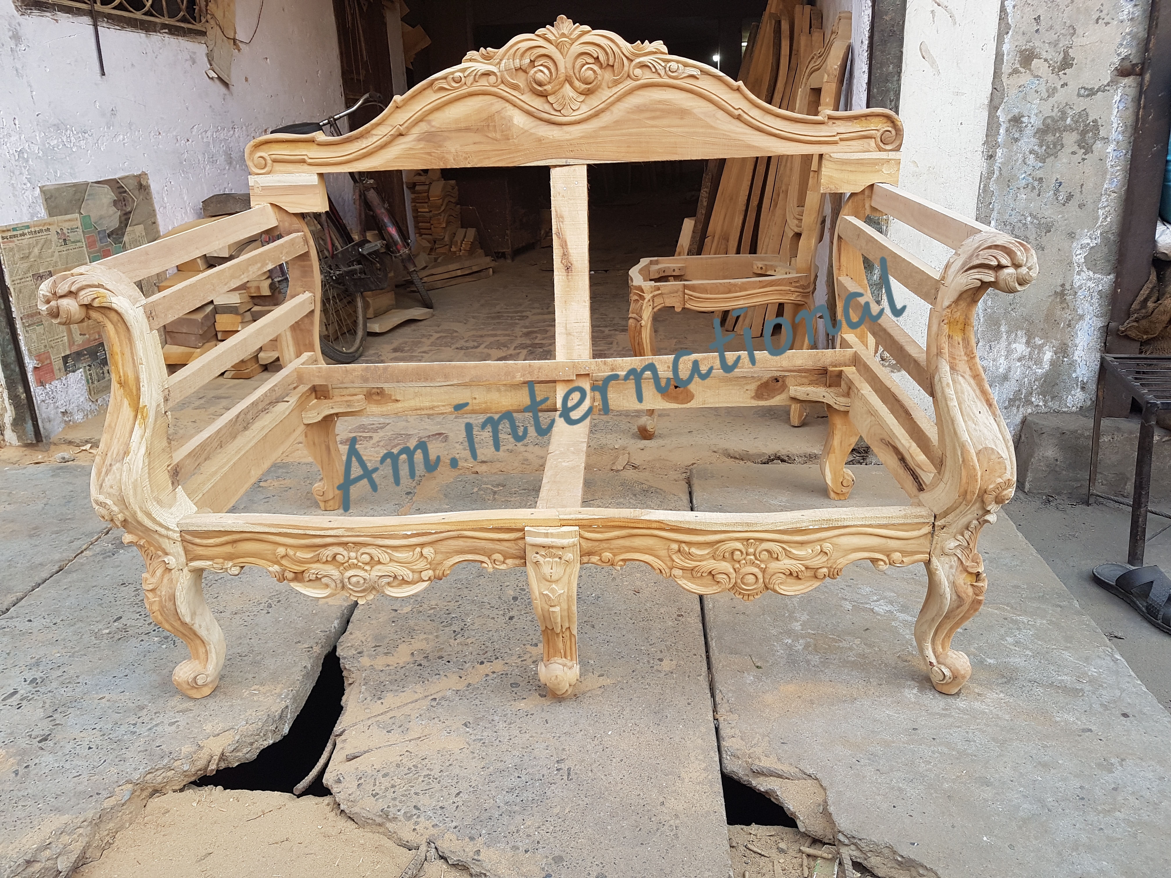 Wood Couch Sofa Set - Solid Teak, 7 Seater (3 + 2 + 2) | Handmade Floral Carvings, Eco-friendly Design, Indoor Living Room Furniture
