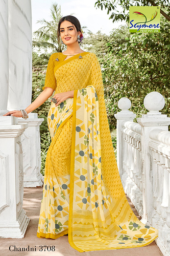 Yellow Georgette Printed Saree For Regular Wear