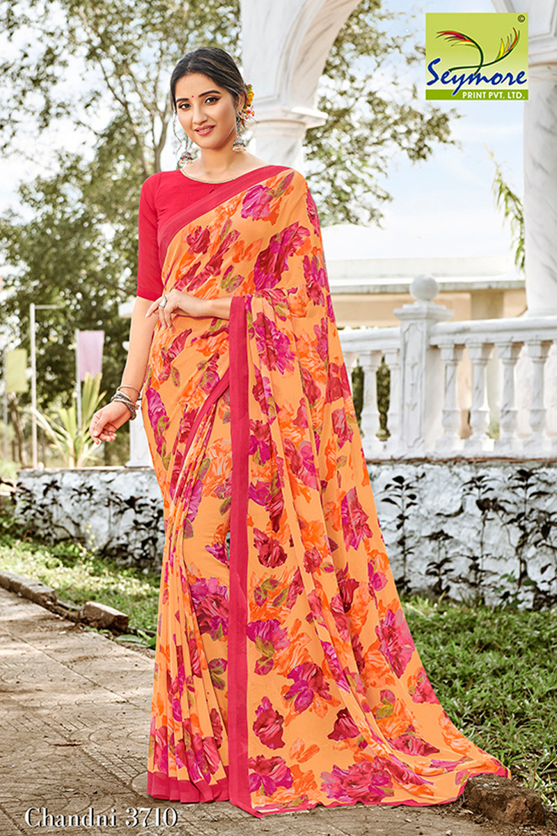 Yellow Georgette Printed Saree For Regular Wear